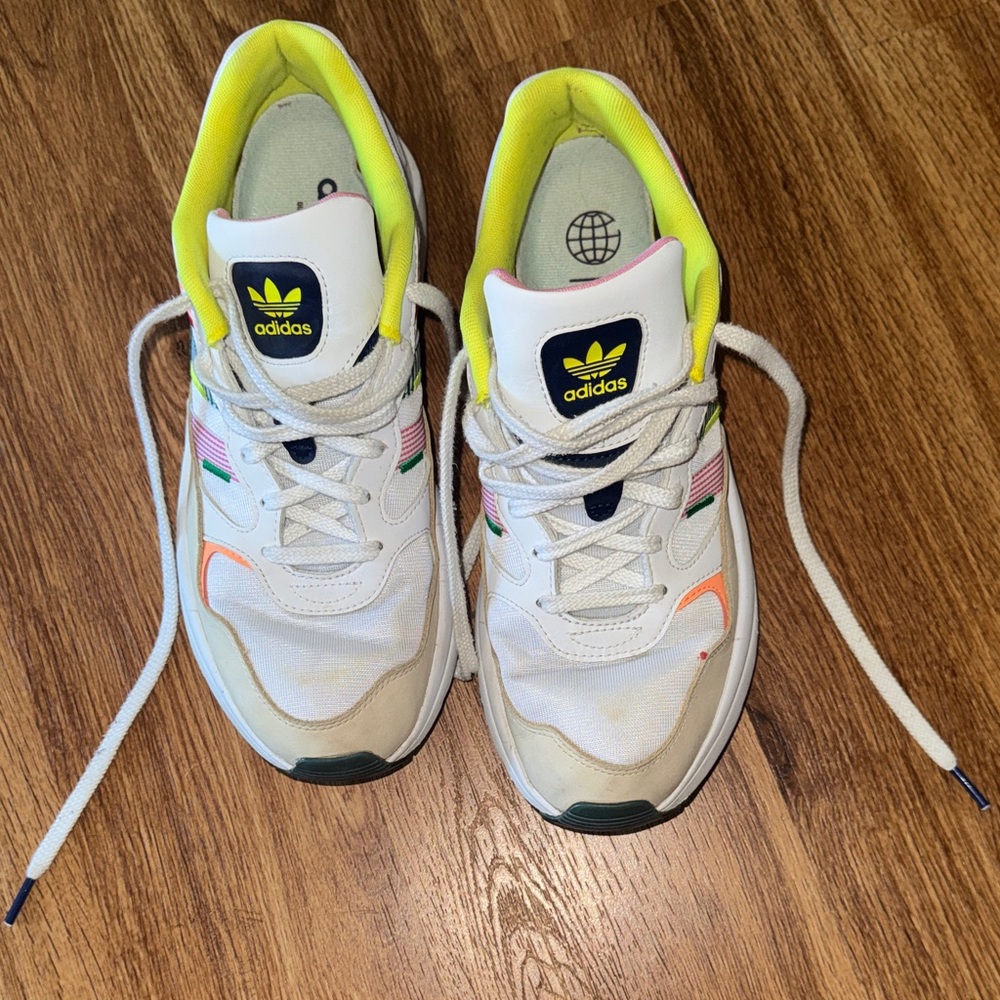 adidas White Sneakers with Neon Yellow and Pastel Accents